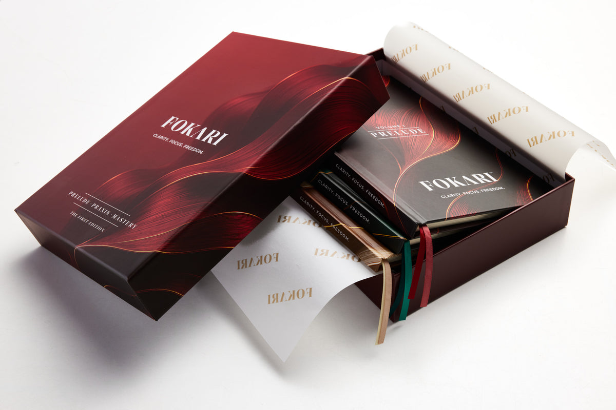 Fokari 90-day planner set: presentation box with Prelude, Praxis and Mastery
